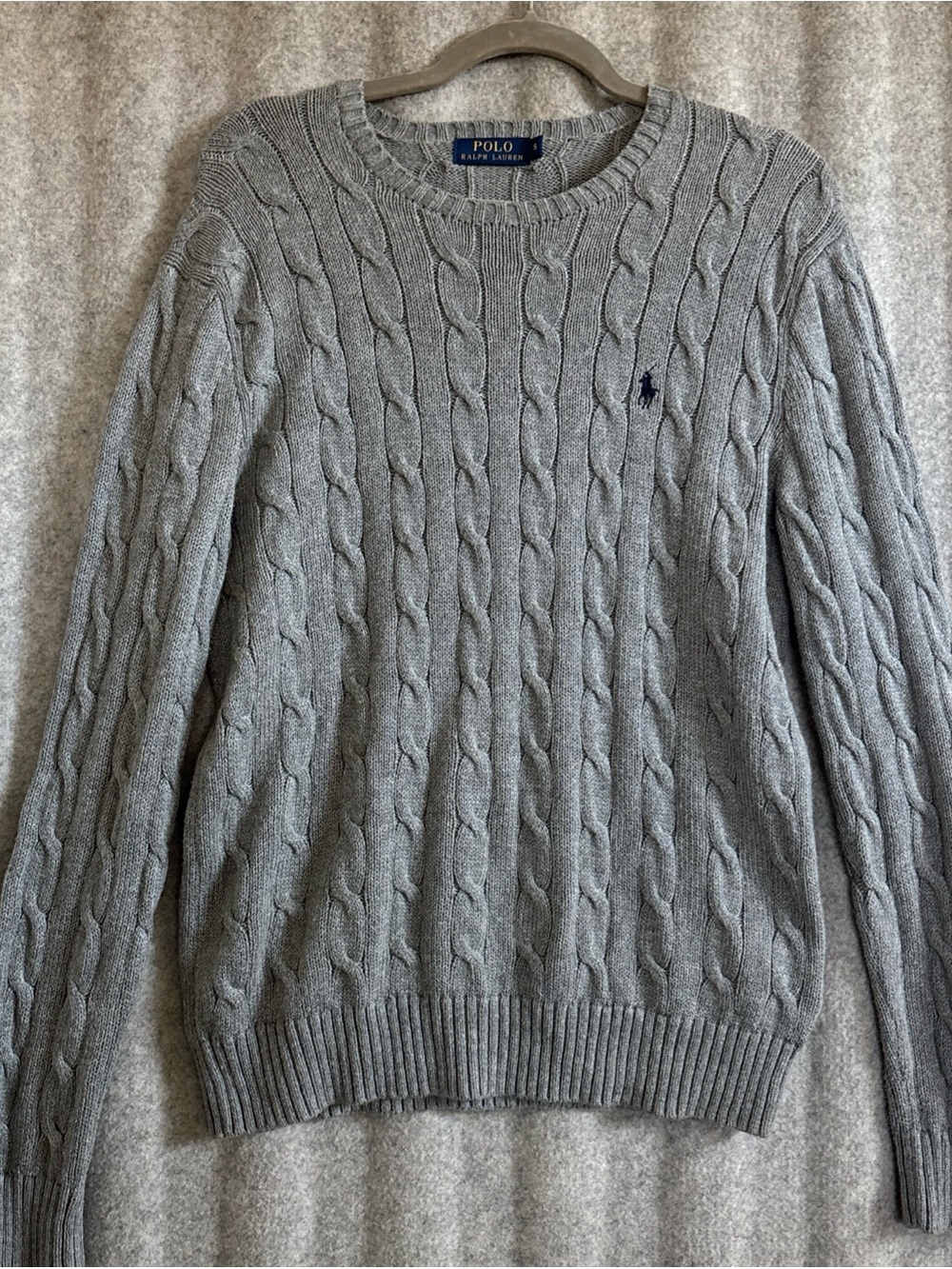 Ralph Lauren Light Gray Cable-Knit Crewneck Sweater with Navy Pony
